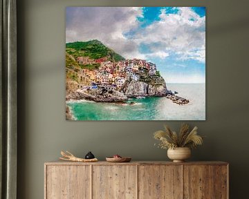 Manarola , Cinque Terre, Italy. Digitaal schilderij. van Hille Bouma