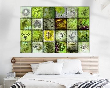 Collage in grün mit Zeichen und Symbolen von Rietje Bulthuis
