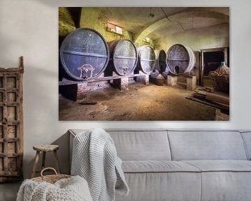Tonneaux de vin abandonnés dans la cave. sur Roman Robroek
