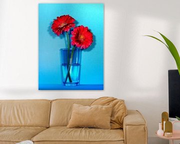 Red Gerber's in blue vase by Ruurd Dankloff