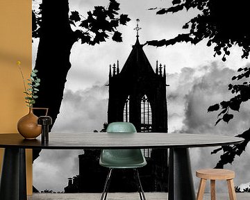 Backlight in Utrecht: Silhouette of the Dom tower in Utrecht (monochrome) by André Blom Fotografie Utrecht