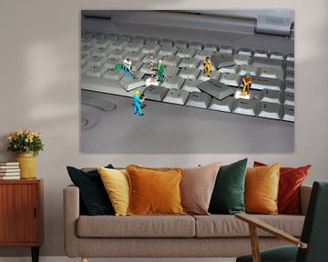 miniature world men at work  laptop keyboard  by Groothuizen Foto Art