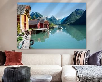 Fjord, mountains, boathouse and reflection in Norway by iPics Photography
