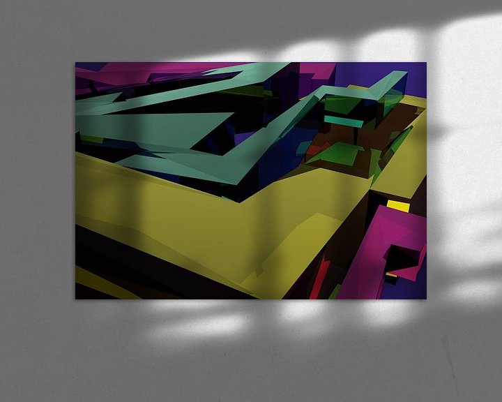 Sfeerimpressie: Tha Maze 6-2-6 (on Blue) van Pat Bloom - Moderne 3D, abstracte kubistische en futurisme kunst