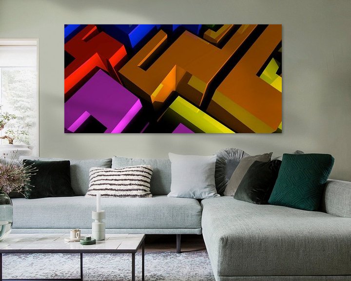 Sfeerimpressie: Tha Maze 1 van Pat Bloom - Moderne 3D, abstracte kubistische en futurisme kunst