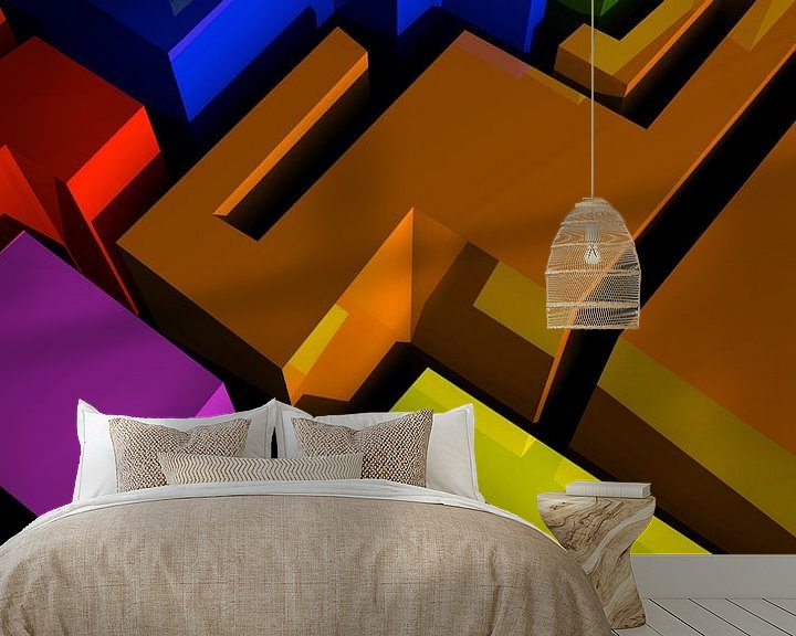 Sfeerimpressie behang: Tha Maze 1 van Pat Bloom - Moderne 3D, abstracte kubistische en futurisme kunst