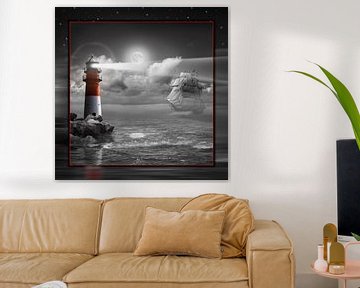 Leuchtturm und Segelschiff unter Beleuchtung - SW Colorkey von Monika Jüngling