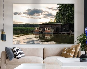 Landscape on a lake with boatshouse van Rico Ködder