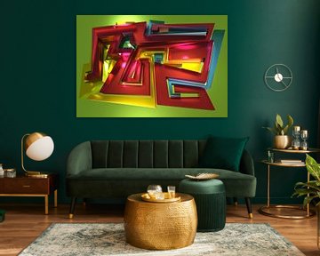 Roze en geel abstract 3D kunstwerk met vlakken (volledig) van Pat Bloom - Moderne 3D, abstracte kubistische en futurisme kunst