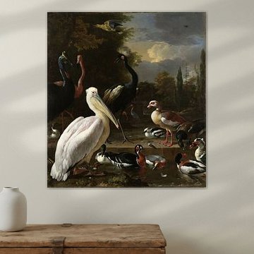 A pelican and other fowl near a water basin, 'The floating feather'