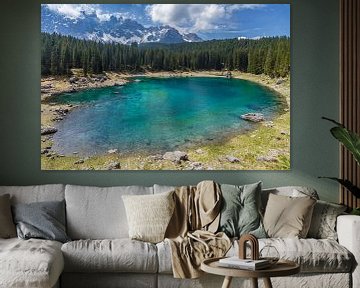 Lake Carezza and mountain range by Melanie Viola