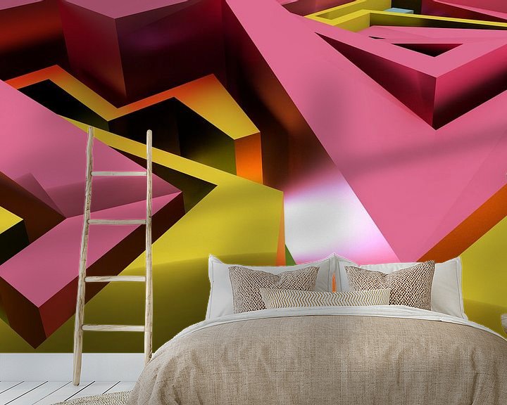 Sfeerimpressie behang: Roze en geel abstract 3D graffiti kunstwerk met vlakken van Pat Bloom - Moderne 3D, abstracte kubistische en futurisme kunst