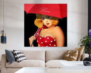 Pin-Up Girl onder rode paraplu van Monika Jüngling