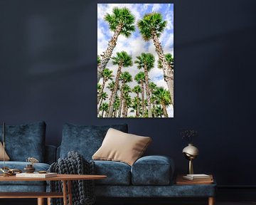 Groep hoge rechte palmbomen met blauwe lucht en wolken van Ben Schonewille