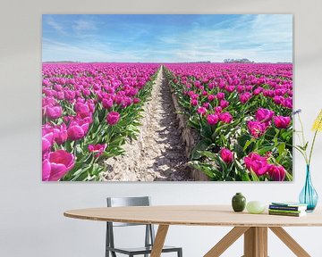 Bloemenveld met paarse tulpen en pad van Ben Schonewille