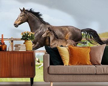 Galloping horse together with her foal by Yvette Baur