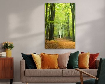 Forest painting. creatieve bewerking van een foto van 2 paarden tussen hoge boomstammen in een bos