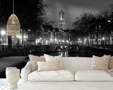 View of Zandbrug and Oudegracht in Utrecht from the Bemuurde Weerd, BLACK WHITE by Donker Utrecht