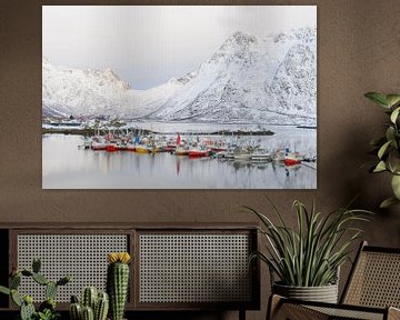 Fishing boats in the Austnesfjorden in winter in the Lofoten in 