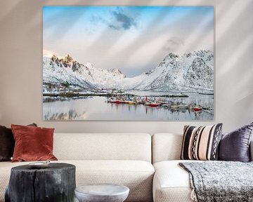 Fishing boats in the Austnesfjorden in winter in the Lofoten in 