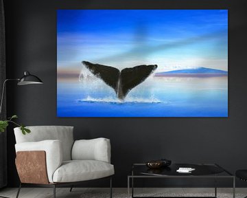Walvisstaart op de oceaan met een eiland van Jan Brons