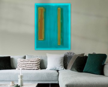 Abstract schilderij met zeegroen en okergeel, kleurvlakken van Rietje Bulthuis