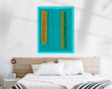 Abstract schilderij met zeegroen en okergeel, kleurvlakken van Rietje Bulthuis