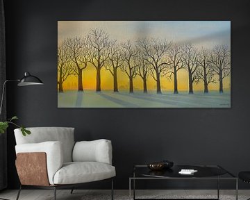 Rangée d'arbres en hiver avec le soleil levant. Peinture acrylique de Marlies Huijzer. sur Martin Stevens