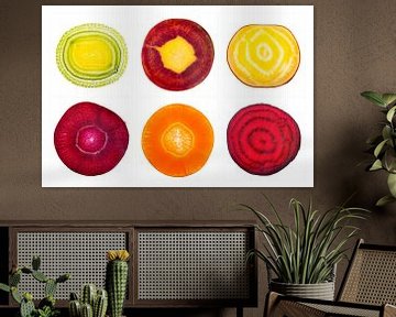 hexaptych of vegetables carrot beet root and leek by Krijn Westerburgen