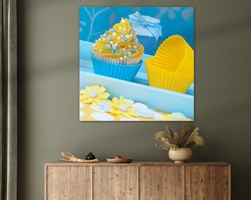 blauw gele cupcake setting