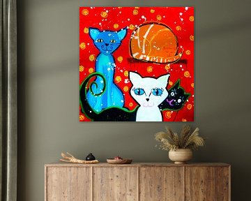 Painting of Pussycats with red background  by Nicole Habets
