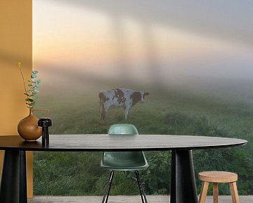 Kuh im nebligen Polder von Remco Van Daalen