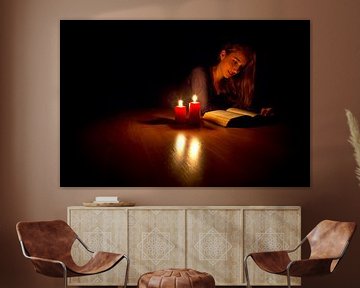 Reading with candle light by Anton de Zeeuw