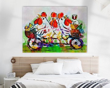 Chickens on a bike by Vrolijk Schilderij