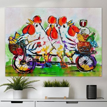 Kippen Op De Tandem van Vrolijk Schilderij