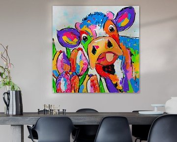 Vache avec tulipes sur Vrolijk Schilderij