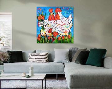 Hühner mit Tulpen von Vrolijk Schilderij