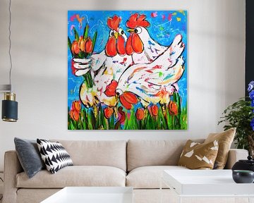 Kippen met tulpen van Vrolijk Schilderij