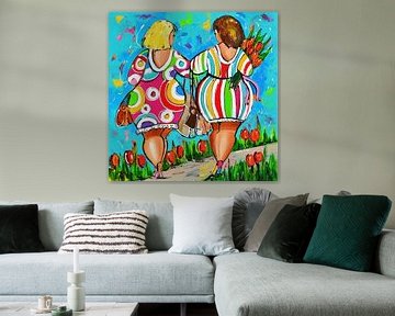 Dikke Dames Hand in Hand van Vrolijk Schilderij