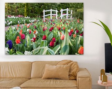 Verschillend gekleurde tulpen met een witte brug