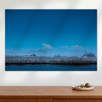 besneeuwde waterkant bij volle maan 