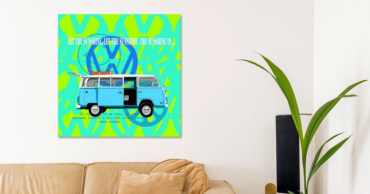 Vw Bus Rear Canvas Blauwe VW-bus flowerpower van Jole Art op canvas, behang en meer