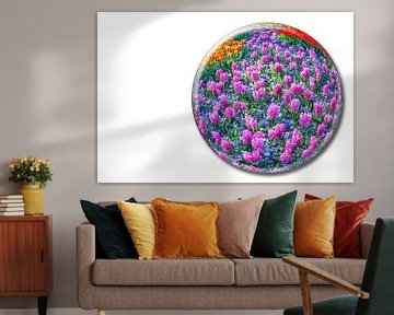 Crystal sphere with pink hyacinths on white background by Ben Schonewille