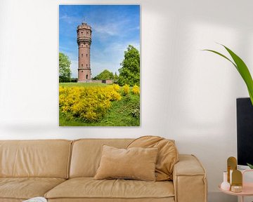 Overijssel brick water tower with blooming yellow flowers of gorse cytisus scoparius sur Ben Schonewille