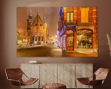 Jugendstil bakery and Old Town Hall in Kampen during a foggy night by Sjoerd van der Wal