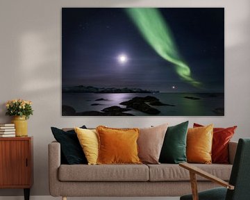 Aurora bij maanlicht over de fjorden van Jonathan Vandevoorde