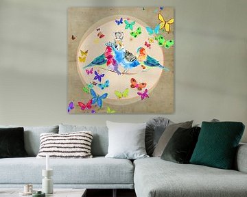 Vrolijke vogels met vlinders illustratie schilderij van Nicole Habets