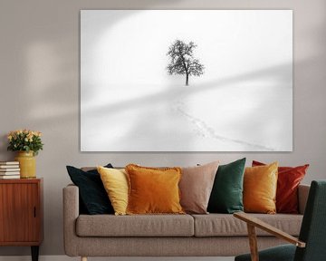 Minimalisme | Eenzame boom in sneeuw met pad van Steven Dijkshoorn