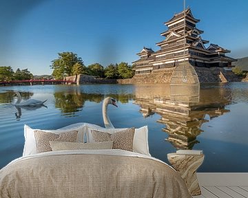 Zwanen bij het Matsumoto kasteel in Nagano (Japan). van Claudio Duarte