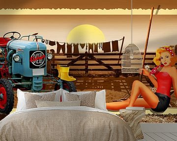Pin Up Girl with tractor on the farm by Monika Jüngling